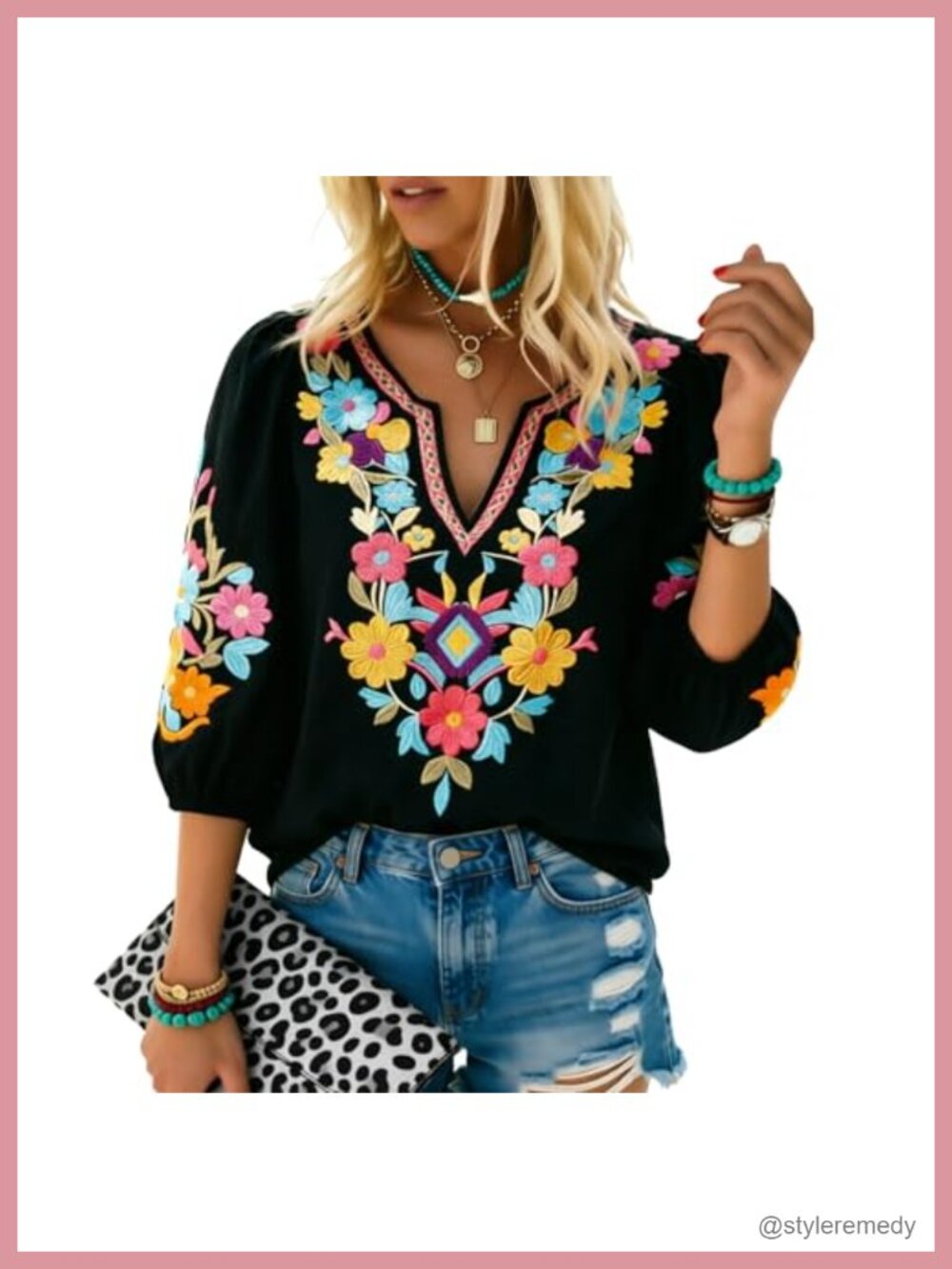 Mexican Embroidered Boho Peasant Tunic Top 3/4 Sleeve